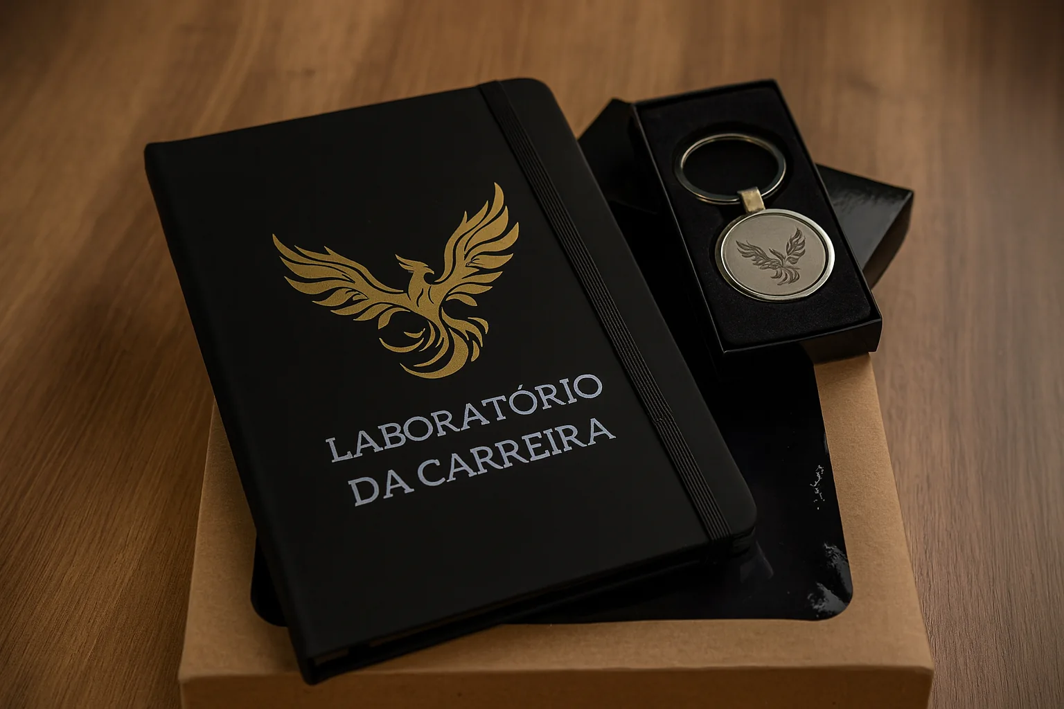 Kit Exclusivo: caderno preto com a Fênix dourada, chaveiro de metal com a Fênix gravada em estojo e caixa presente